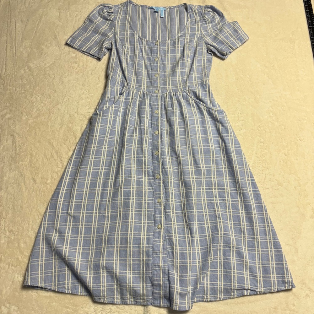 Draper James Womens Linen Button Front Dress Size 4 Blue Plaid Cottagecore